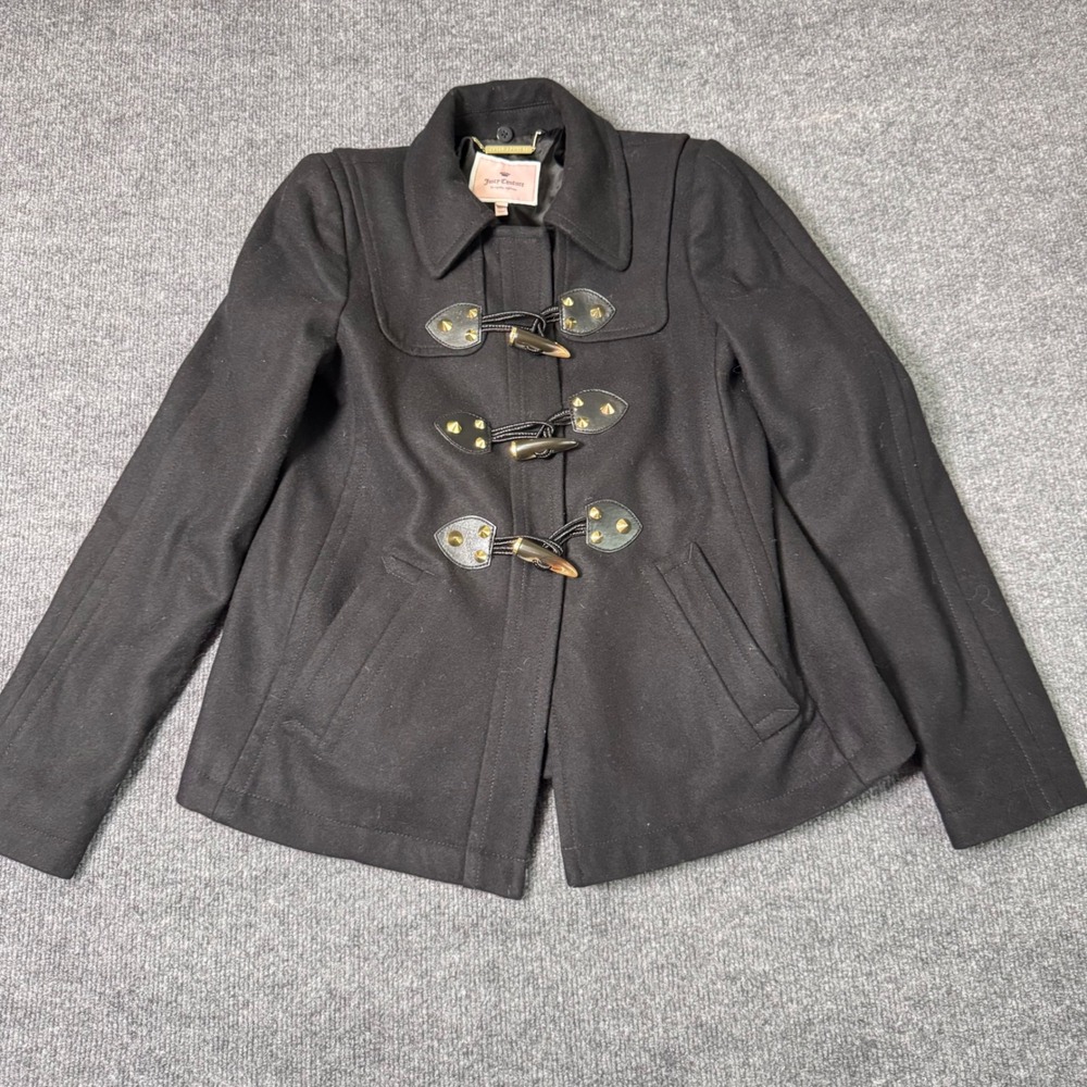 Juicy Couture Black Wool Blend Studded Toggle Duffle Coat XS Gold Hardware